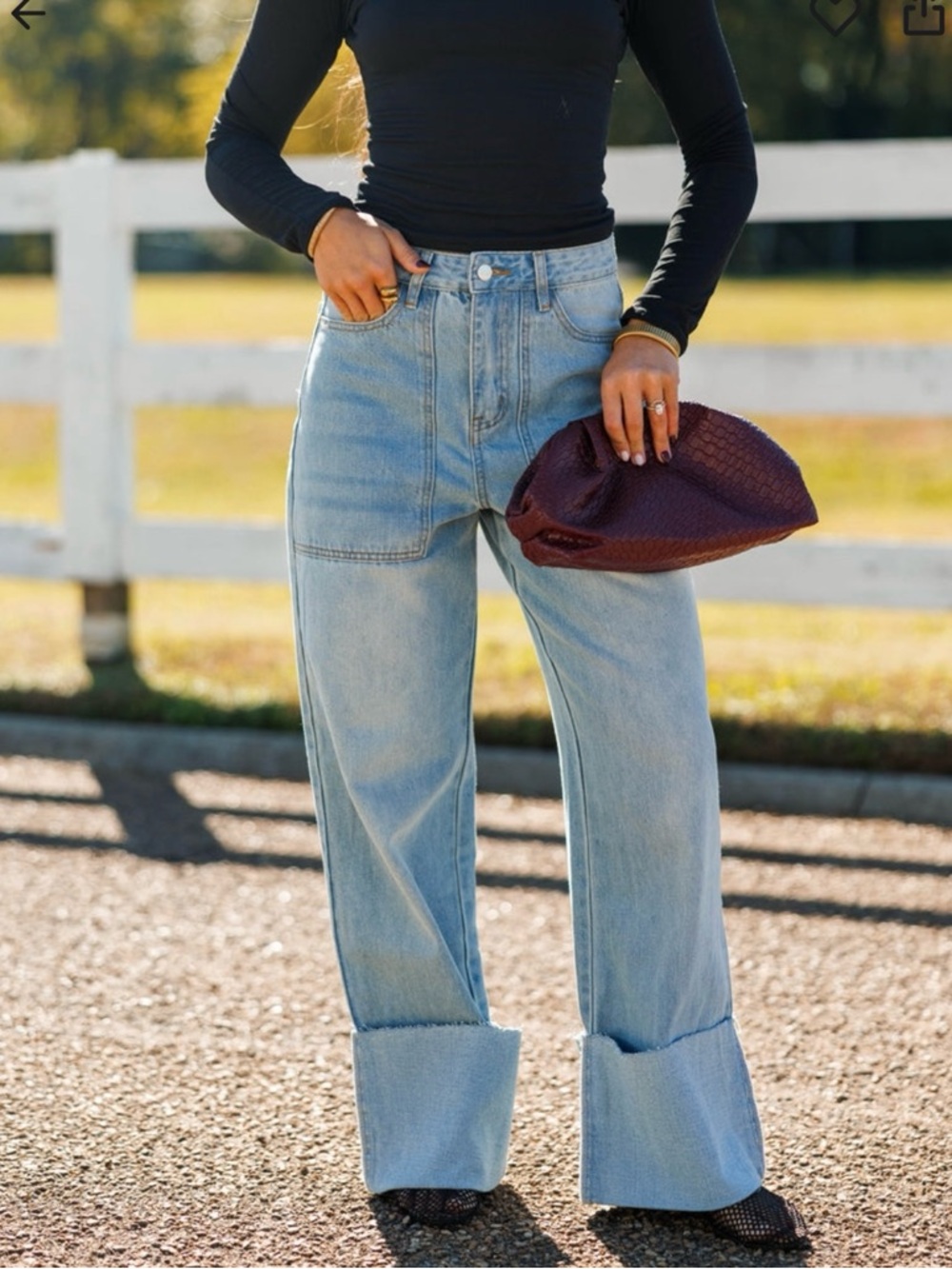 Le Lis Light Blue Wide-Leg Cuffed Jeans